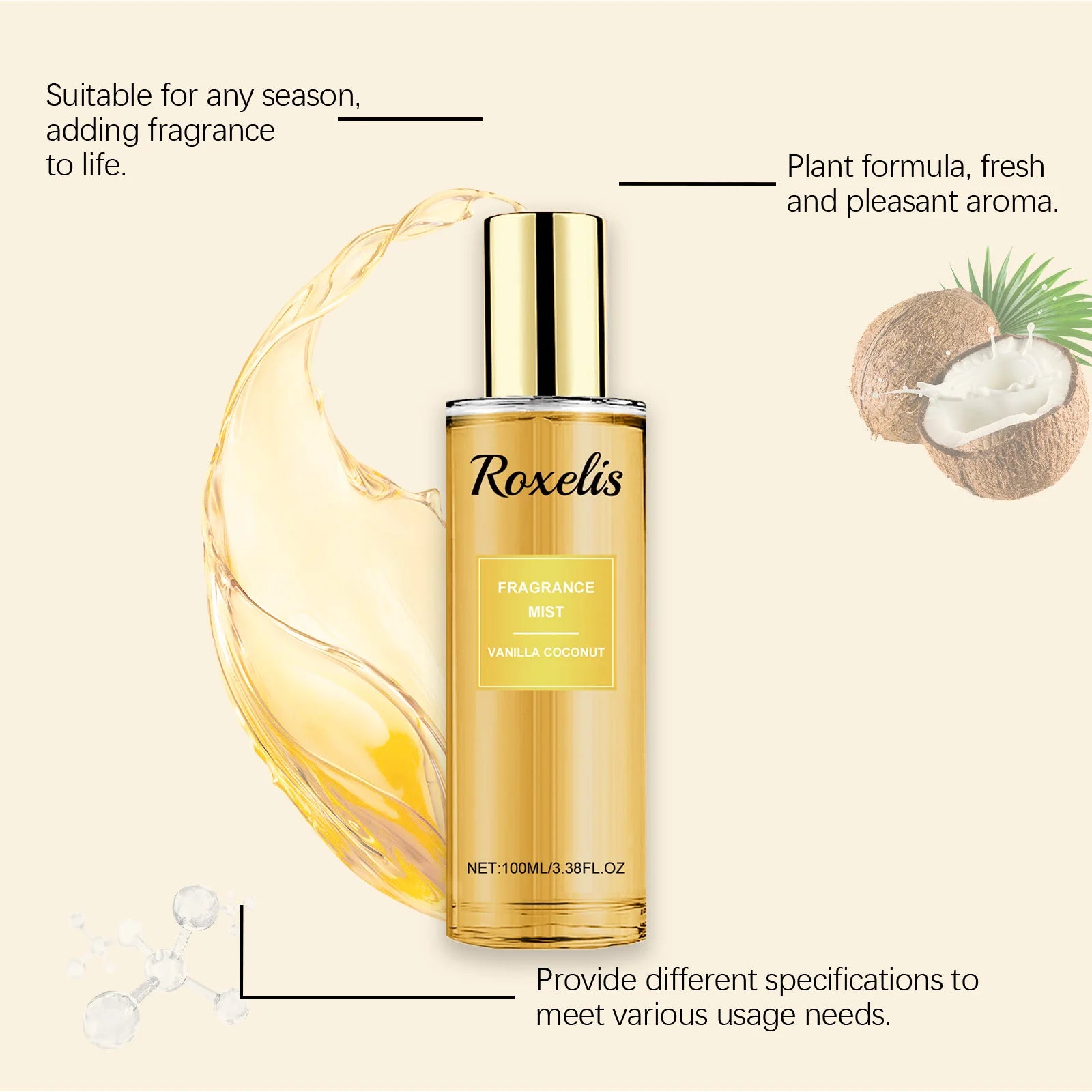 Roxelis Unisex Vanilla Coconut Aroma Spray Floral Fragrance with Lasting Pheromones Attractive Body Perfume for Men Oasis Select
