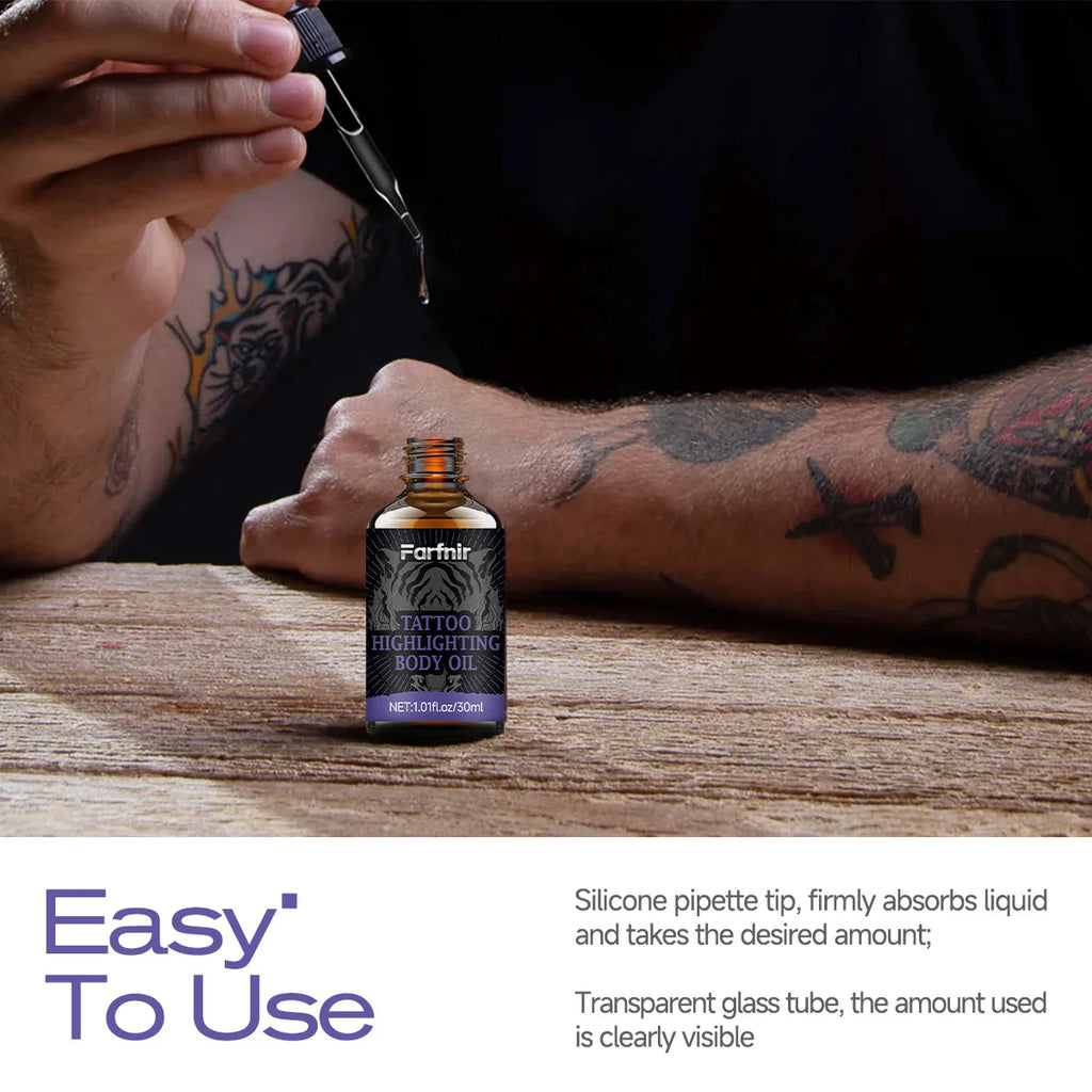 Tattoo highlighting oil, brightens skin tone, nourishes the skin, enhances radiance, and protects tattoos. Oasis Select