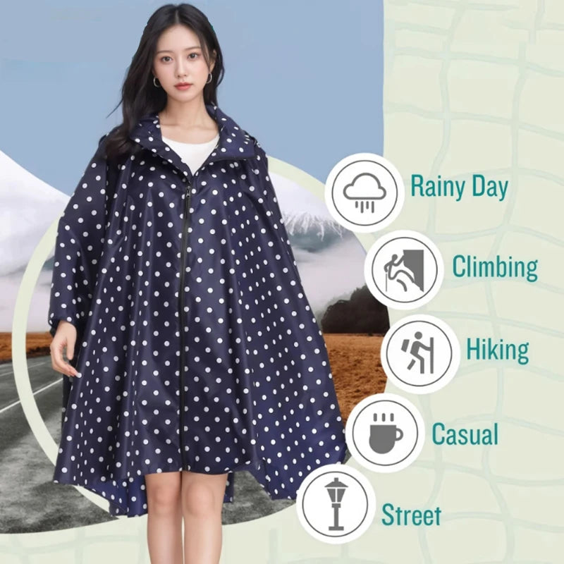 Portable adult zip-up rain poncho with white polka dot pattern unisex suitable for outdoor activities such as hiking and cycling Oasis Select