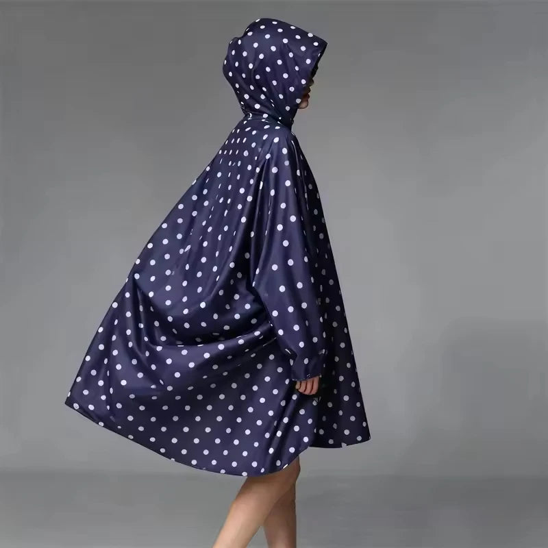 Portable adult zip-up rain poncho with white polka dot pattern unisex suitable for outdoor activities such as hiking and cycling Oasis Select
