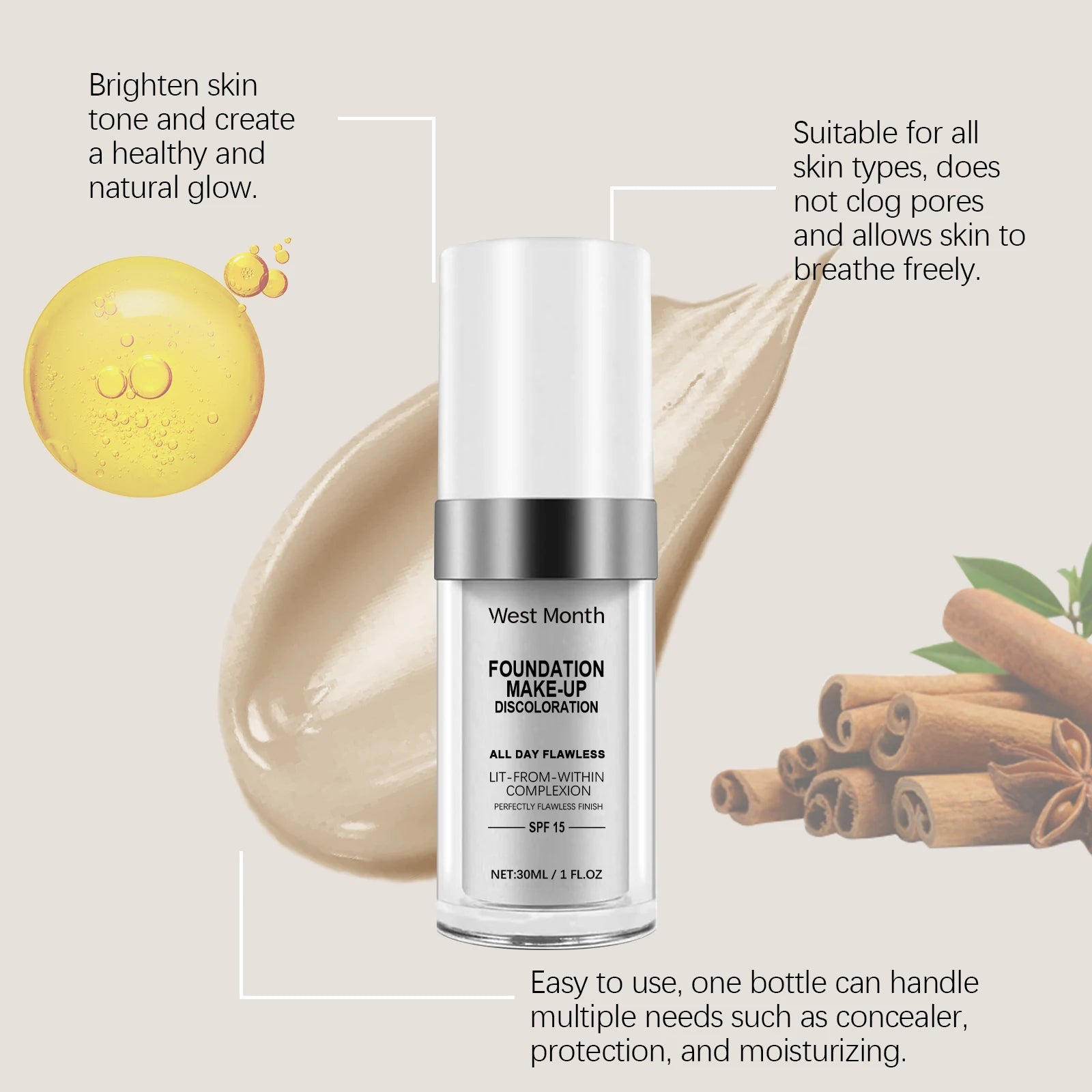 West Month Color Changing Foundation Full Coverage Concealer Foundation Long Lasting Makeup Waterproof Oil Control Matte Makeup Oasis Select