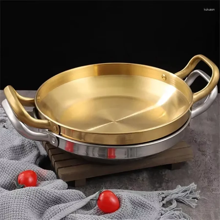 Korean Frying Pan Stainless Steel Paella Pan with Gold Handle Cooking Pot Seafood Rice Pans Non Stick Skillet Kitchen Cookware Oasis Select