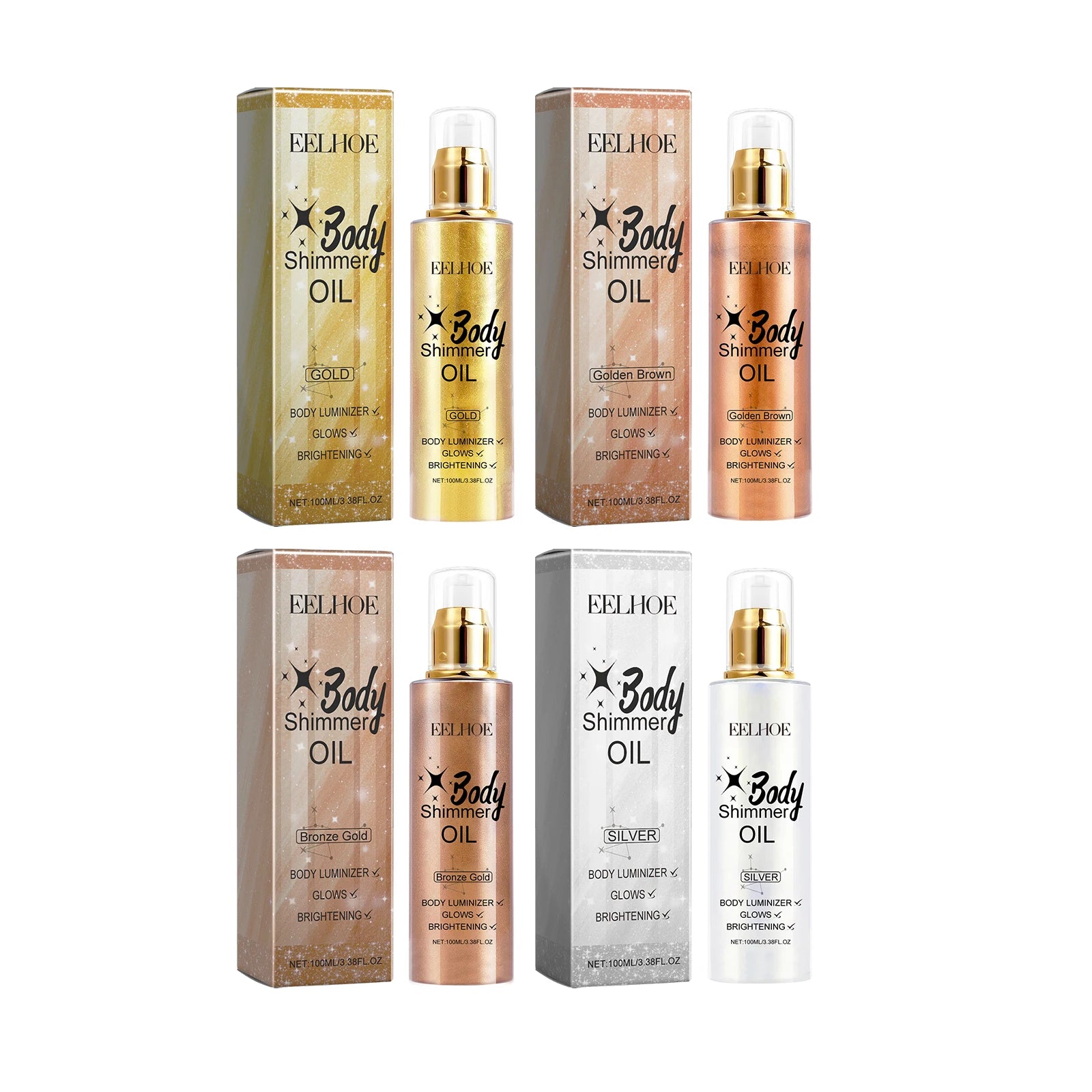 EELHOE Body Oil with Shimmer Brighten Glitter Face Contour Highlighter for Body Smooth Bronzer Liquid Illuminator Makeup 100ml Oasis Select four colors