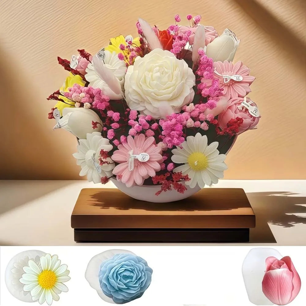 3-Piece Floral Silicone Candle Molds – Peony, Rose & Tulip
