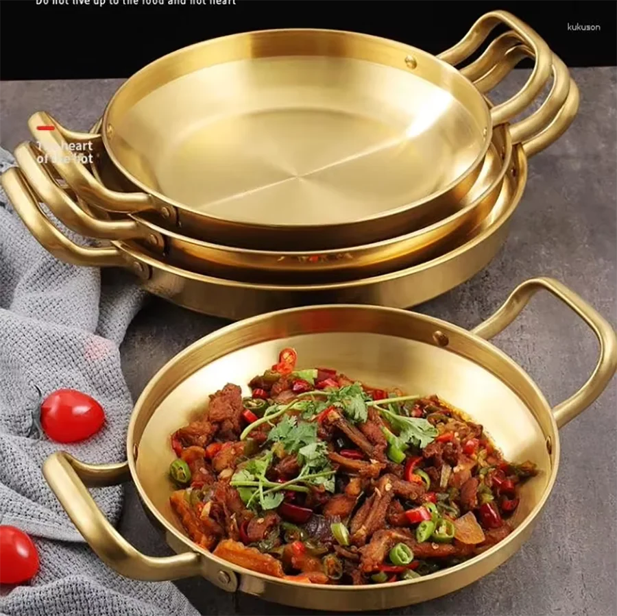 Korean Frying Pan Stainless Steel Paella Pan with Gold Handle Cooking Pot Seafood Rice Pans Non Stick Skillet Kitchen Cookware Oasis Select