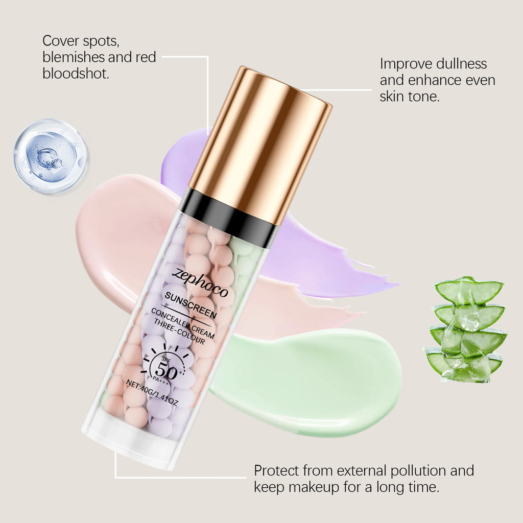 Zephoco 3 Colors Makeup Concealer Sunscreen Light Invisible Pores Moisturizing Non-greasy Breathable Light Concealer Cream Oasis Select