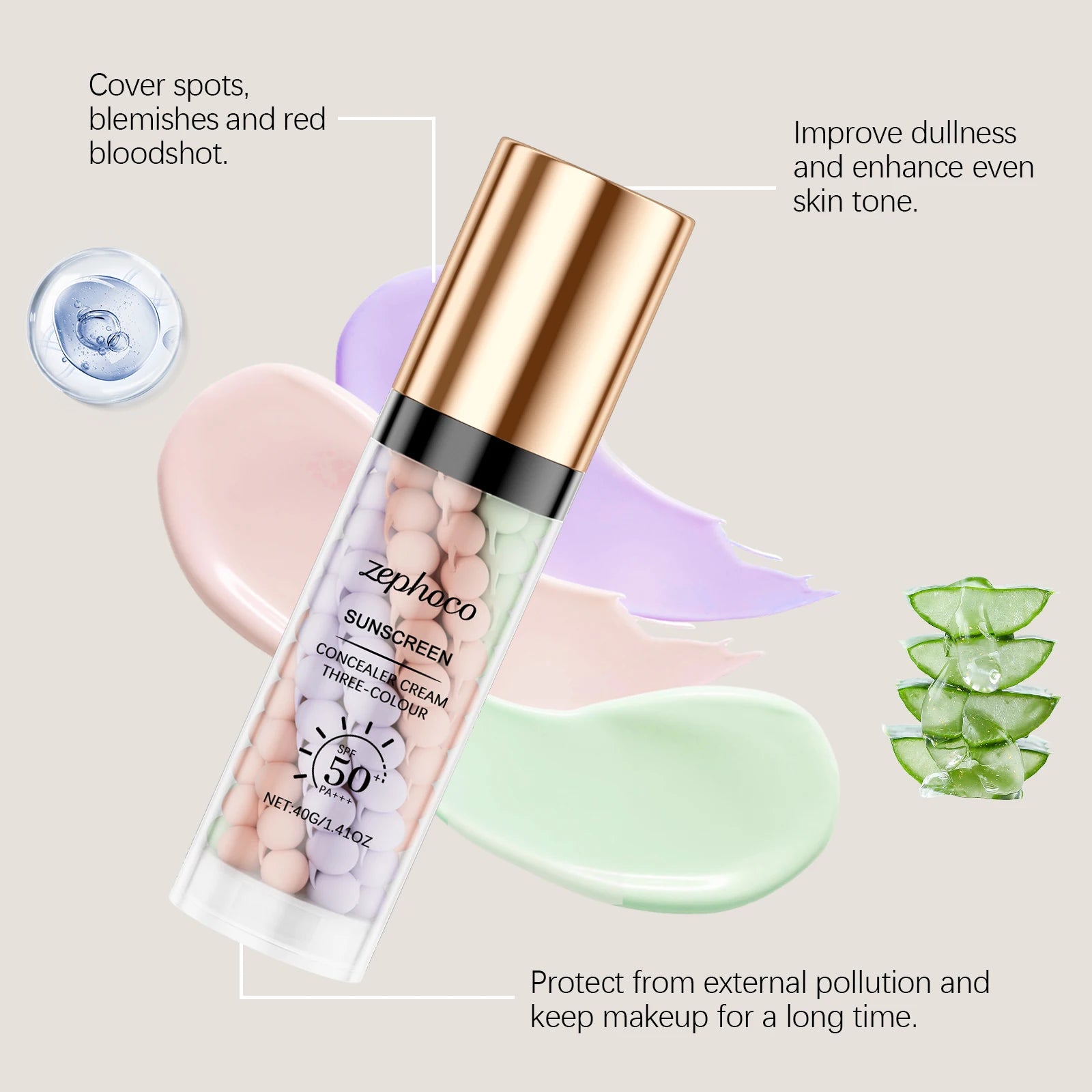 Zephoco 3 Colors Makeup Concealer Sunscreen Light Invisible Pores Moisturizing Non-greasy Breathable Light Concealer Cream Oasis Select