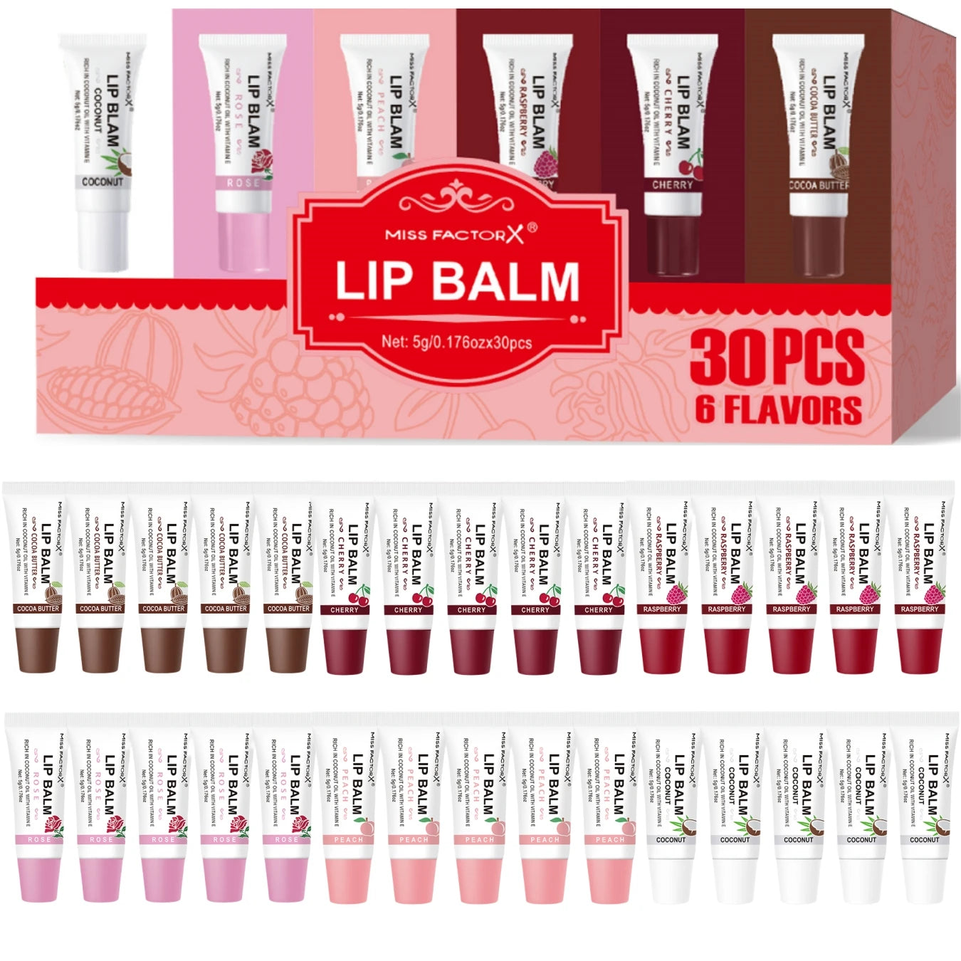 30-piece MISS FACTORX Hyaluronic Acid and Collagen Infused Lipstick - Deep Moisturizing, Long-lasting Lip Color, the perfect gif Oasis Select Lip Balm Set