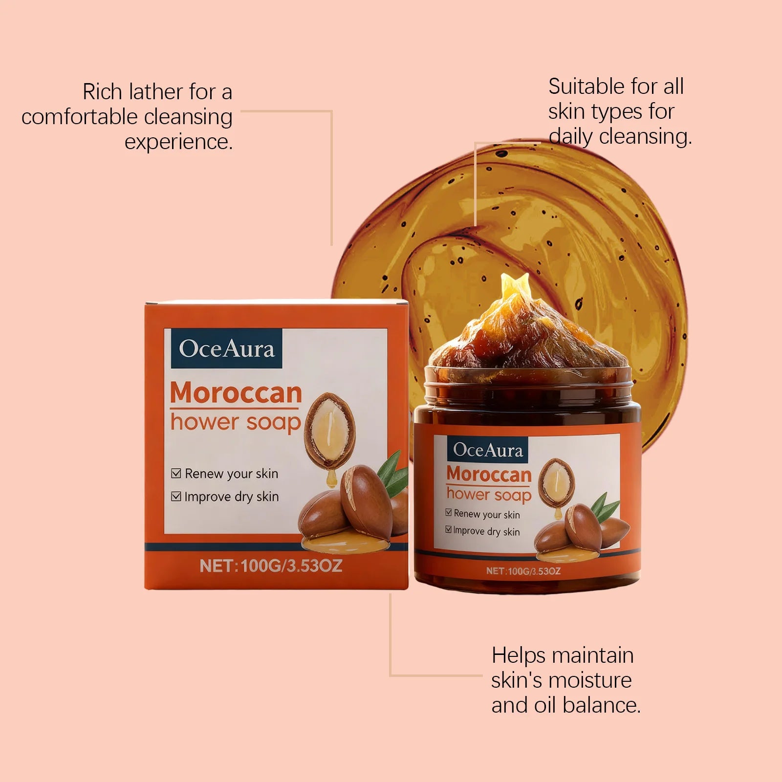 100G Moroccan Bathing Soap Gentle Cleaning Pore Deep Moisturizing Reduce Roughness Enhance Smoothness Softening Body Soap Cream Oasis Select