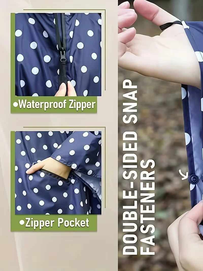 Portable adult zip-up rain poncho with white polka dot pattern unisex suitable for outdoor activities such as hiking and cycling Oasis Select