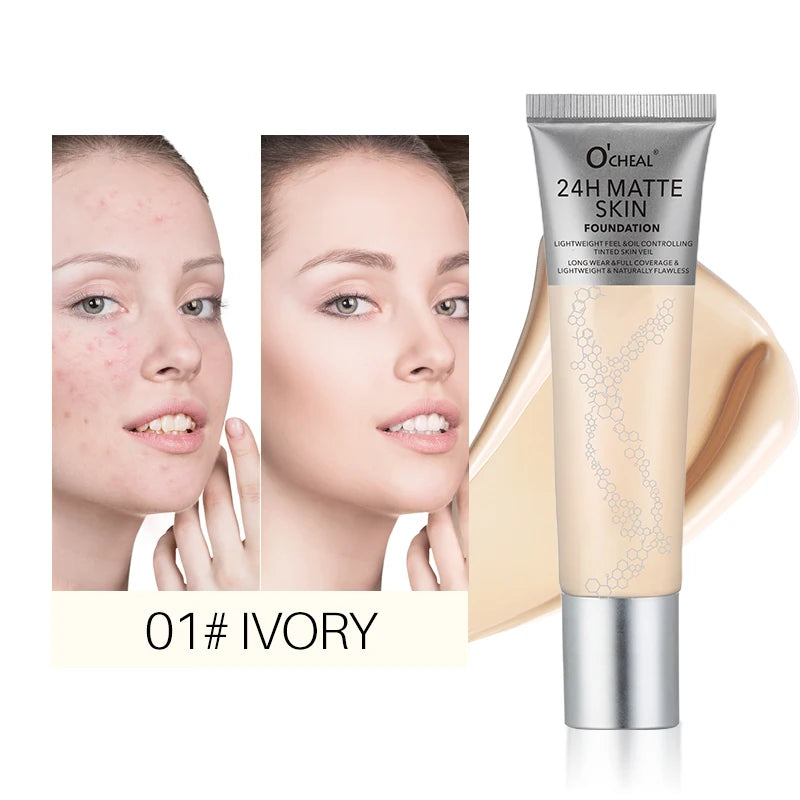 Ocheal Matte Sheer Liquid Foundation Cream 6-Colors Face Concealer Contouring Bronze Long Lasting Moisturizing Makeup Cosmetics Oasis Select 01-IVORY 30ml