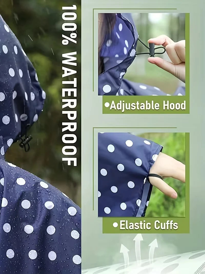 Portable adult zip-up rain poncho with white polka dot pattern unisex suitable for outdoor activities such as hiking and cycling Oasis Select