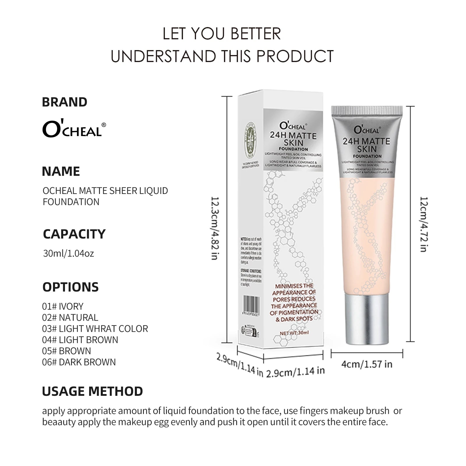 Ocheal Matte Sheer Liquid Foundation Cream 6-Colors Face Concealer Contouring Bronze Long Lasting Moisturizing Makeup Cosmetics Oasis Select