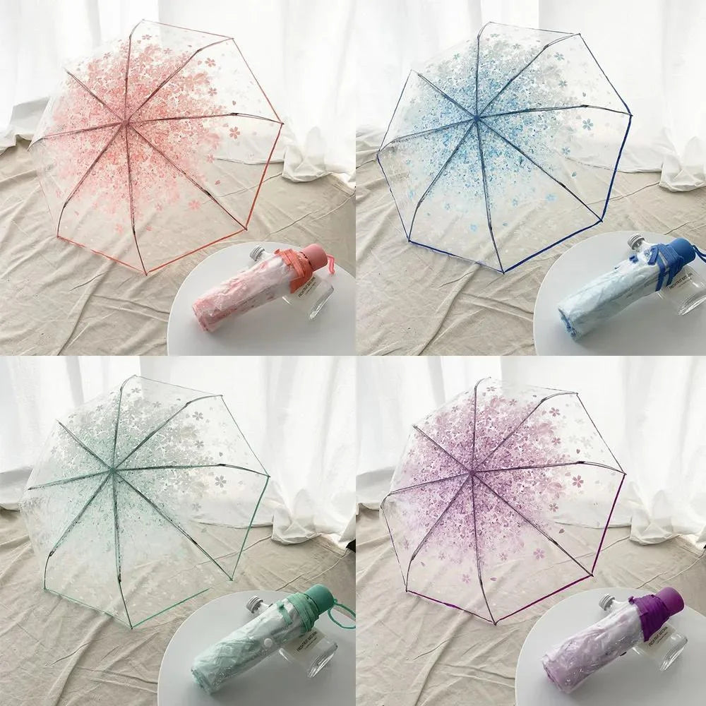 Automatic/Manual Opening And Closing Romantic Cherry Blossom Transparent Folding Umbrella Fresh Transparent Three-Fold Umbrella. Oasis Select