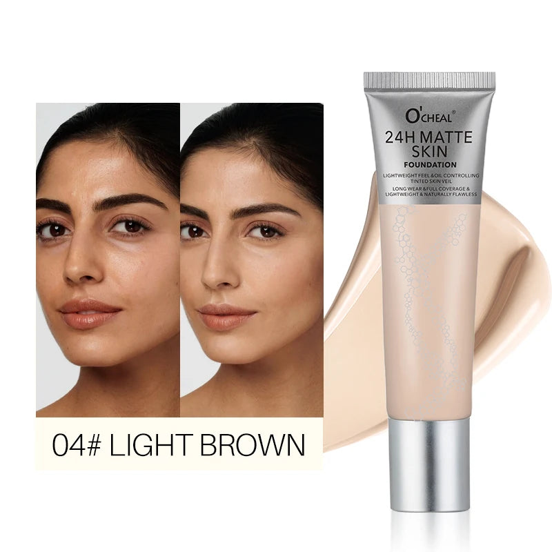 Ocheal Matte Sheer Liquid Foundation Cream 6-Colors Face Concealer Contouring Bronze Long Lasting Moisturizing Makeup Cosmetics Oasis Select 04-LIGHT BROWN 30ml