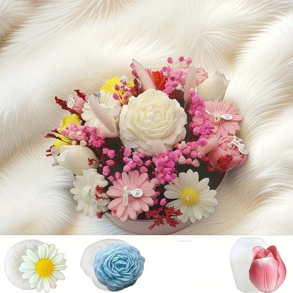 3-Piece Floral Silicone Candle Molds – Peony, Rose & Tulip