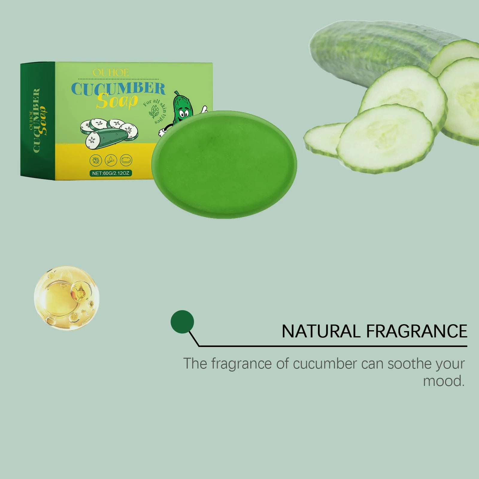 60G Cucumber Bathing Soap Deep Cleaning Pores Oil Control Refreshing Moisturizing Non-tight Enhance Smoothness Bathing Body Soap Oasis Select