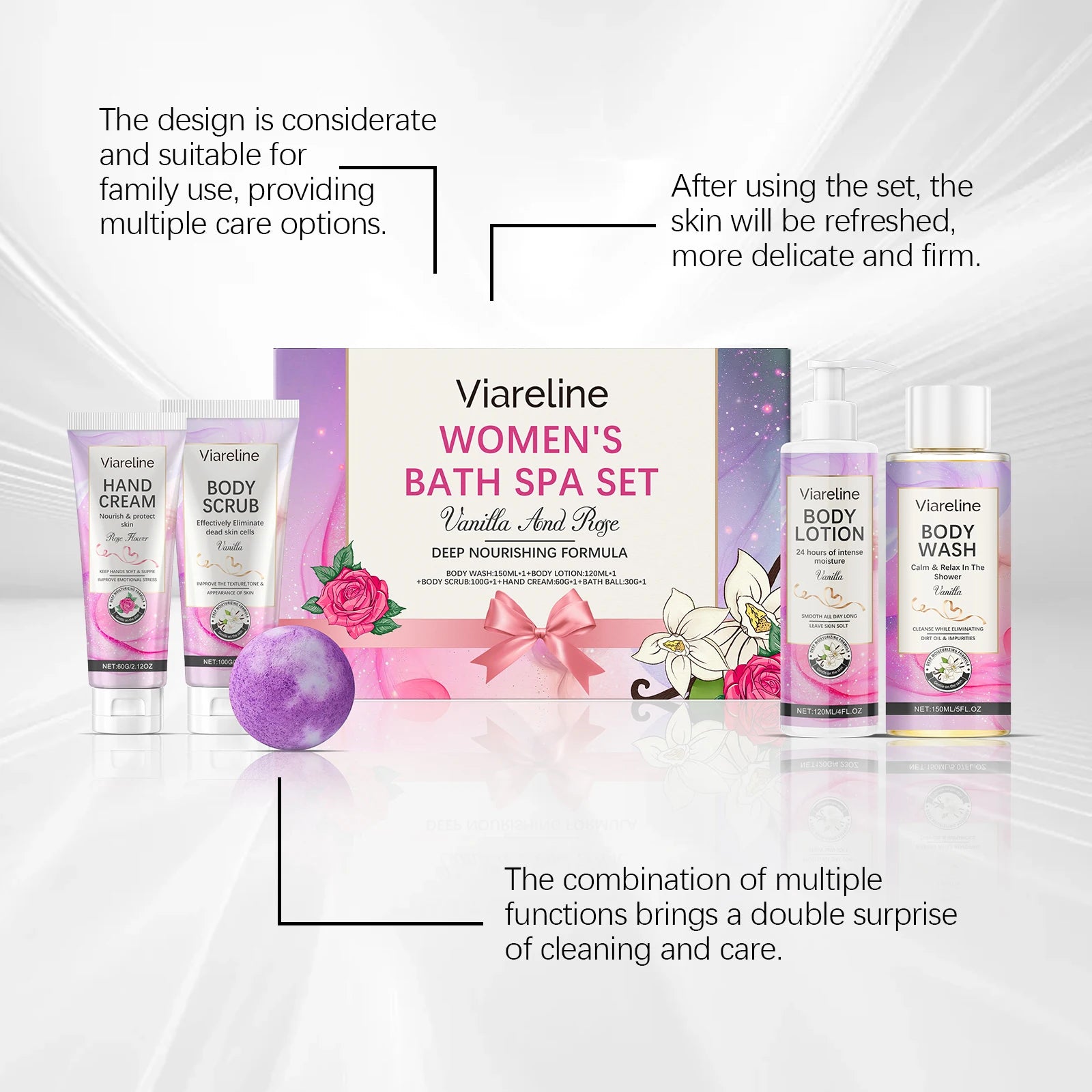 Floral Scent Women Bath Set Gentle Cleaning Dirts Reduce Dryness Smoothing Exfoliating Softening Body Skin Care Set for Gift Oasis Select