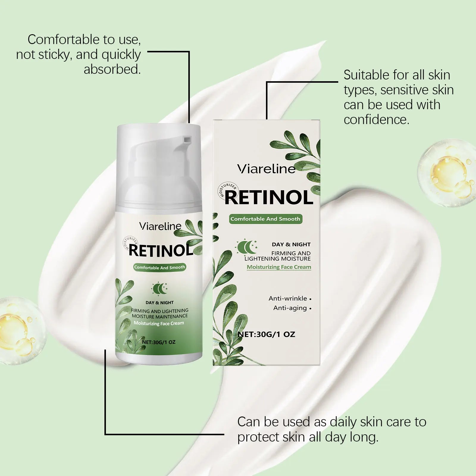 Viareline Retinol Face Cream Deeply Moisturizing Firming Skin Improve Skin Texture Enhance Smoothness Tightening Facial Cream Oasis Select