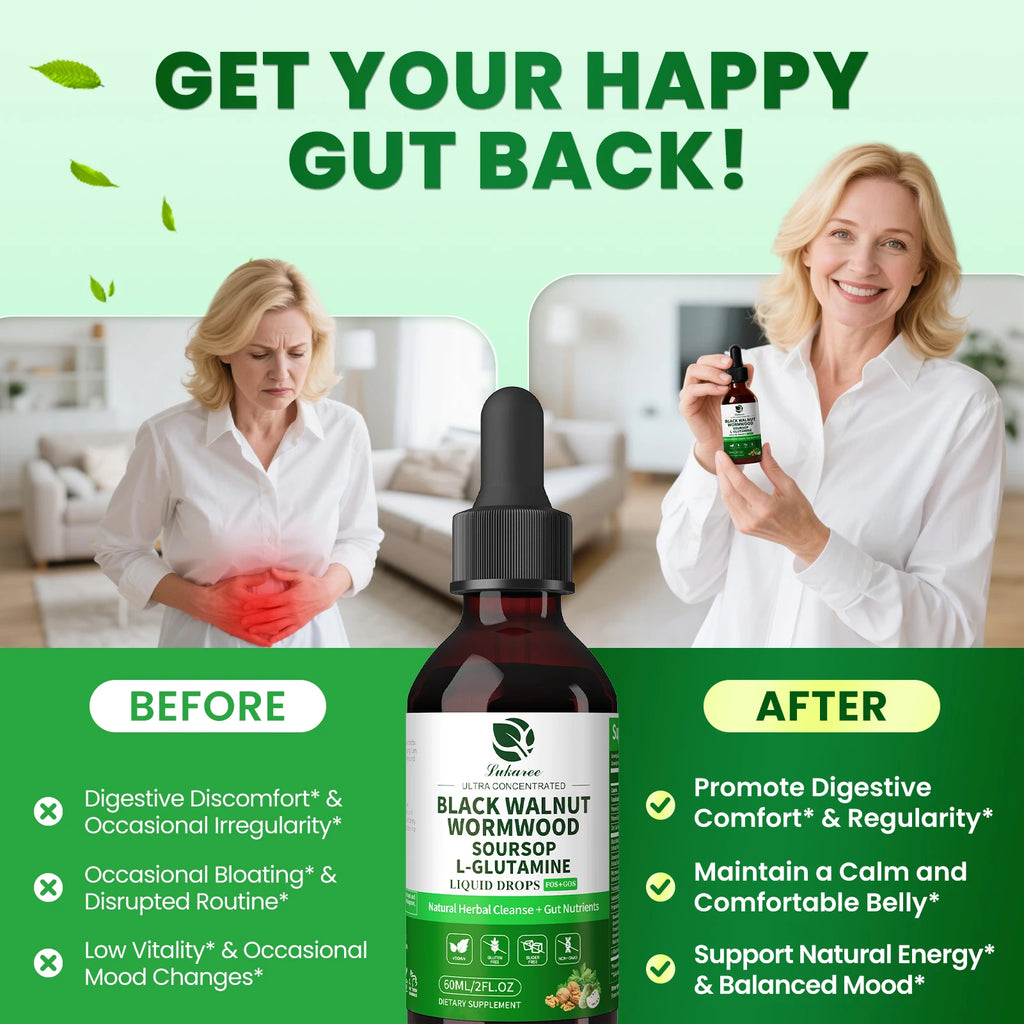 Lukaree Wormwood Black Walnut Soursop Drop with Prebiotics Gut Digestive Health Comfort Mood,Immune Support Vegan Gluten-Free Oasis Select