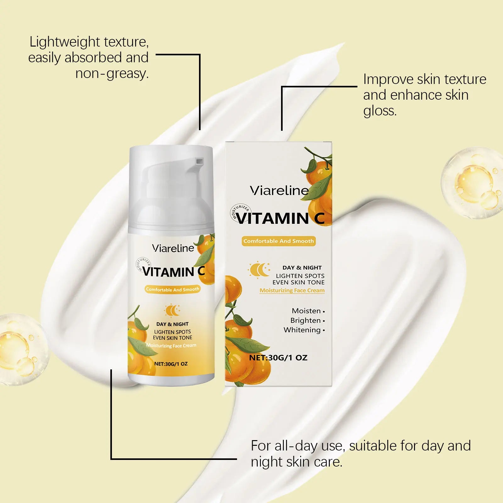 Viareline Vitamin C Face Cream Antioxidant Lifting Smoothing Enhance Skin Elasticity Deep Moisturizing Softening Face Cream Oasis Select