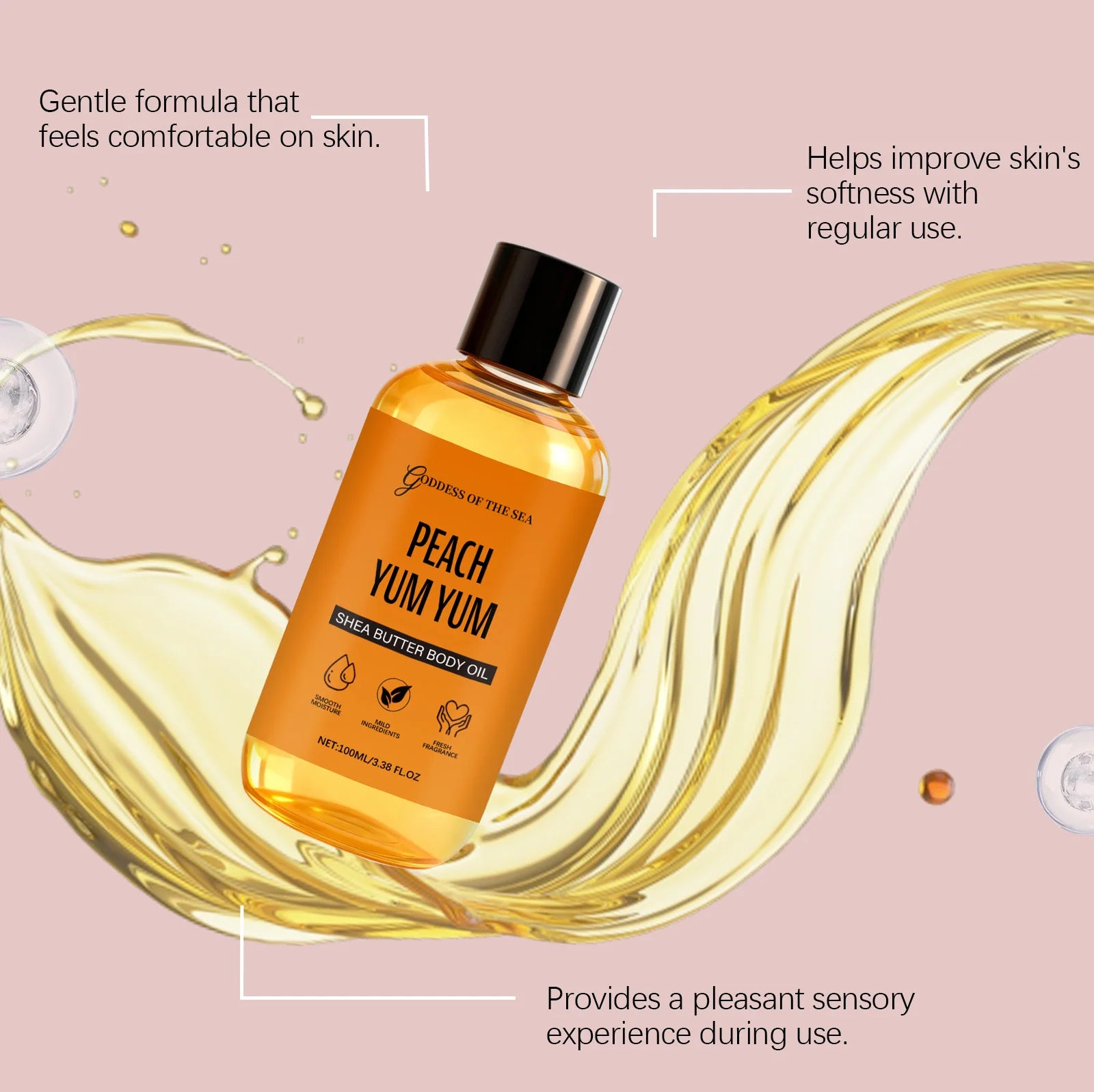 100ML Peach Shea Butter Body Oil Deep Moisturizing & Nourishing Enhance Skin Elasticity Lightweight Fast Absorbing Essence Oil Oasis Select