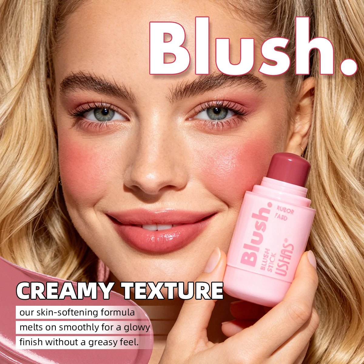 USHAS Cream Blush Stick – Dewy Glow, Waterproof & Long-Lasting