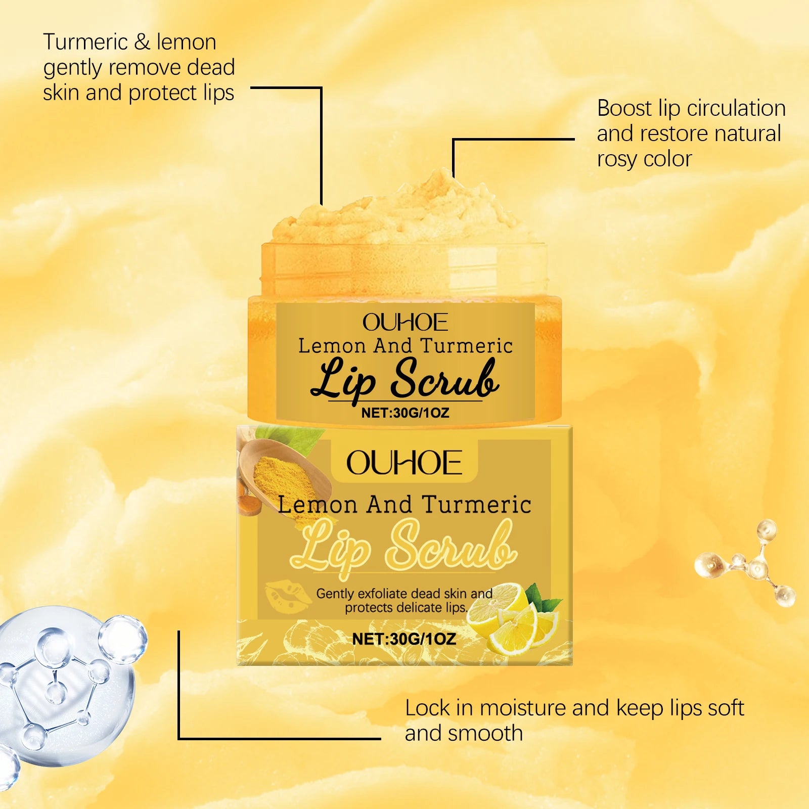 30G Lemon Turmeric Lip Scrub Cream Gentle Remove Dead Skin Nourishing Enhance Smoothness Moisturizing Non-irritating Restoring Gloss Soothing Lip Exfoliating Cream Oasis Select