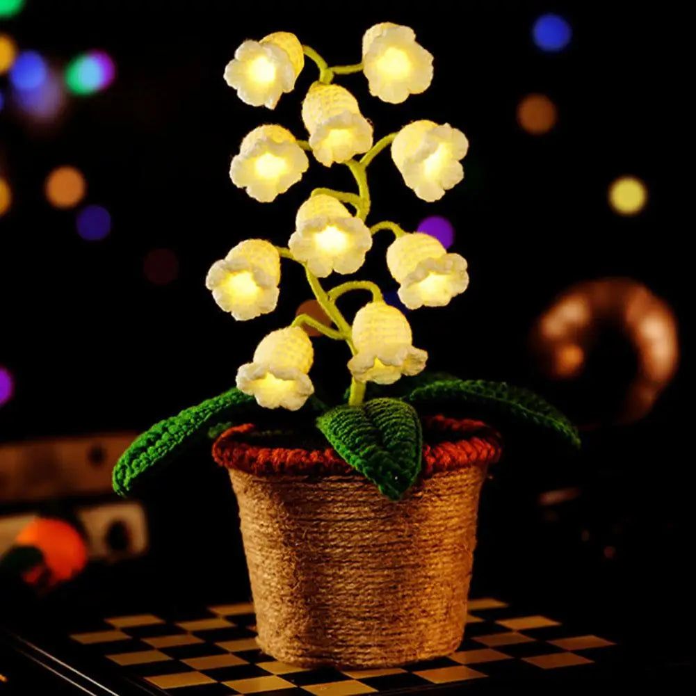 Handmade Crochet Orchid LED Night Light | Flower Pot Desk Lamp