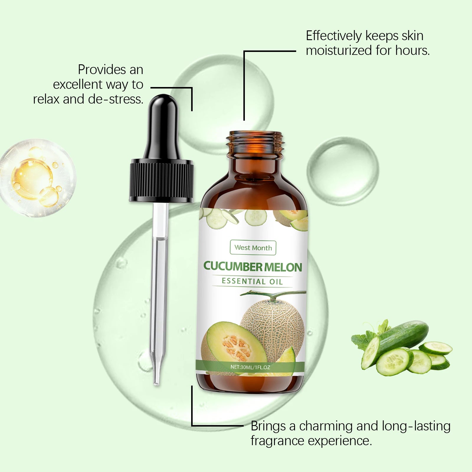 30ML Cucumber Melon Essence Oil Deep Moisturizing Enhance Smoothness Relaxing Muscle Lasting Fresh Fragrance Soothing Body Oil Oasis Select