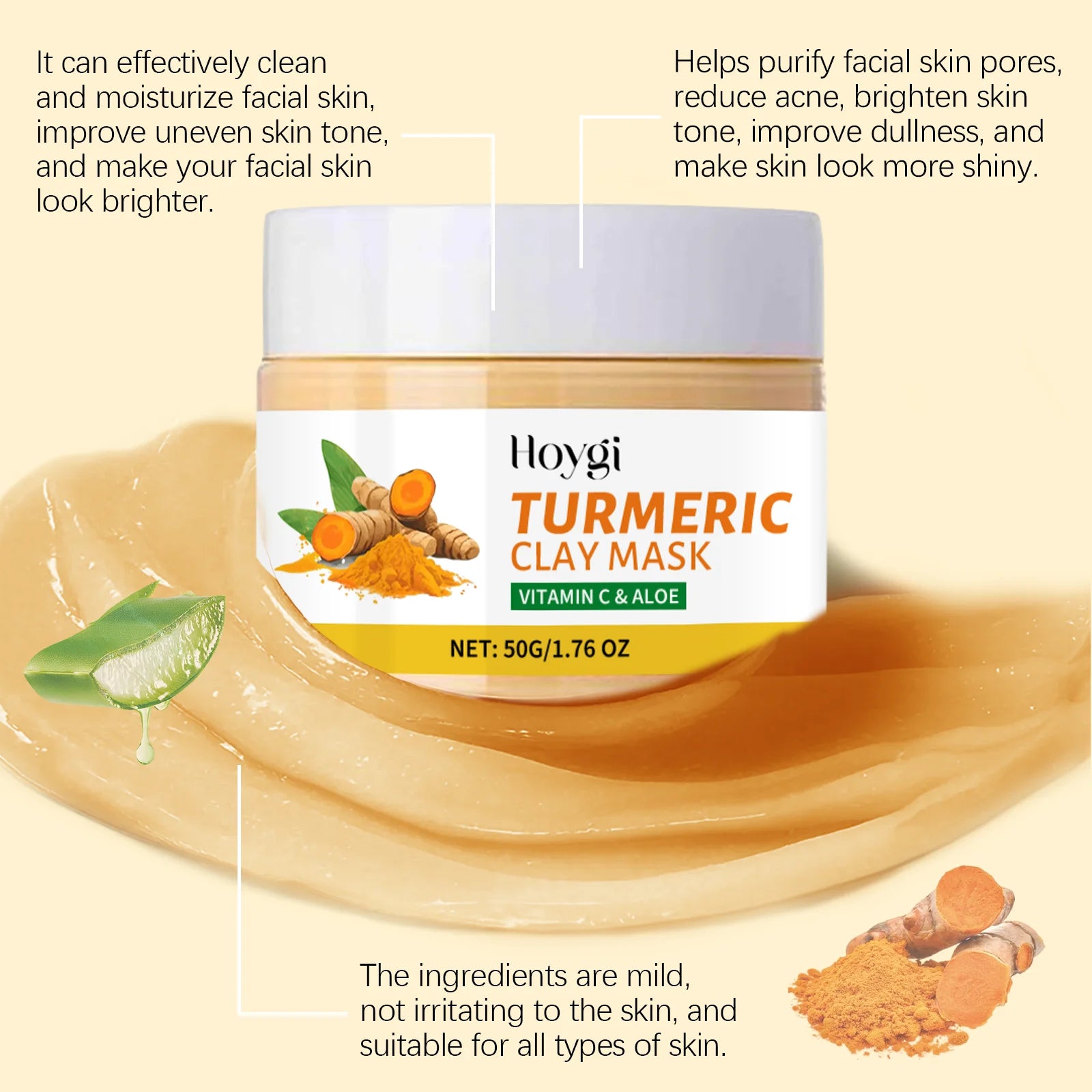 Hoygi Turmeric Facial Clay Mask Refining Pores Deep Cleaning Dull Skin Moisturizing Oil Control Oil Control Exfoliating Mud Mask Oasis Select