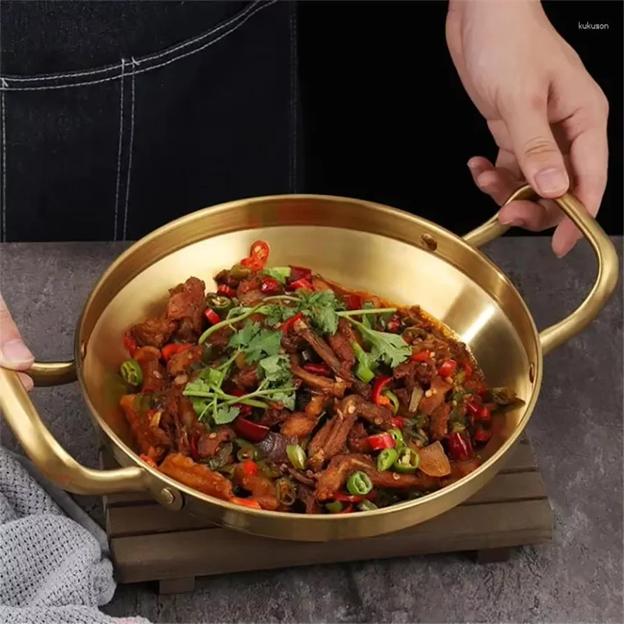 Korean Frying Pan Stainless Steel Paella Pan with Gold Handle Cooking Pot Seafood Rice Pans Non Stick Skillet Kitchen Cookware Oasis Select