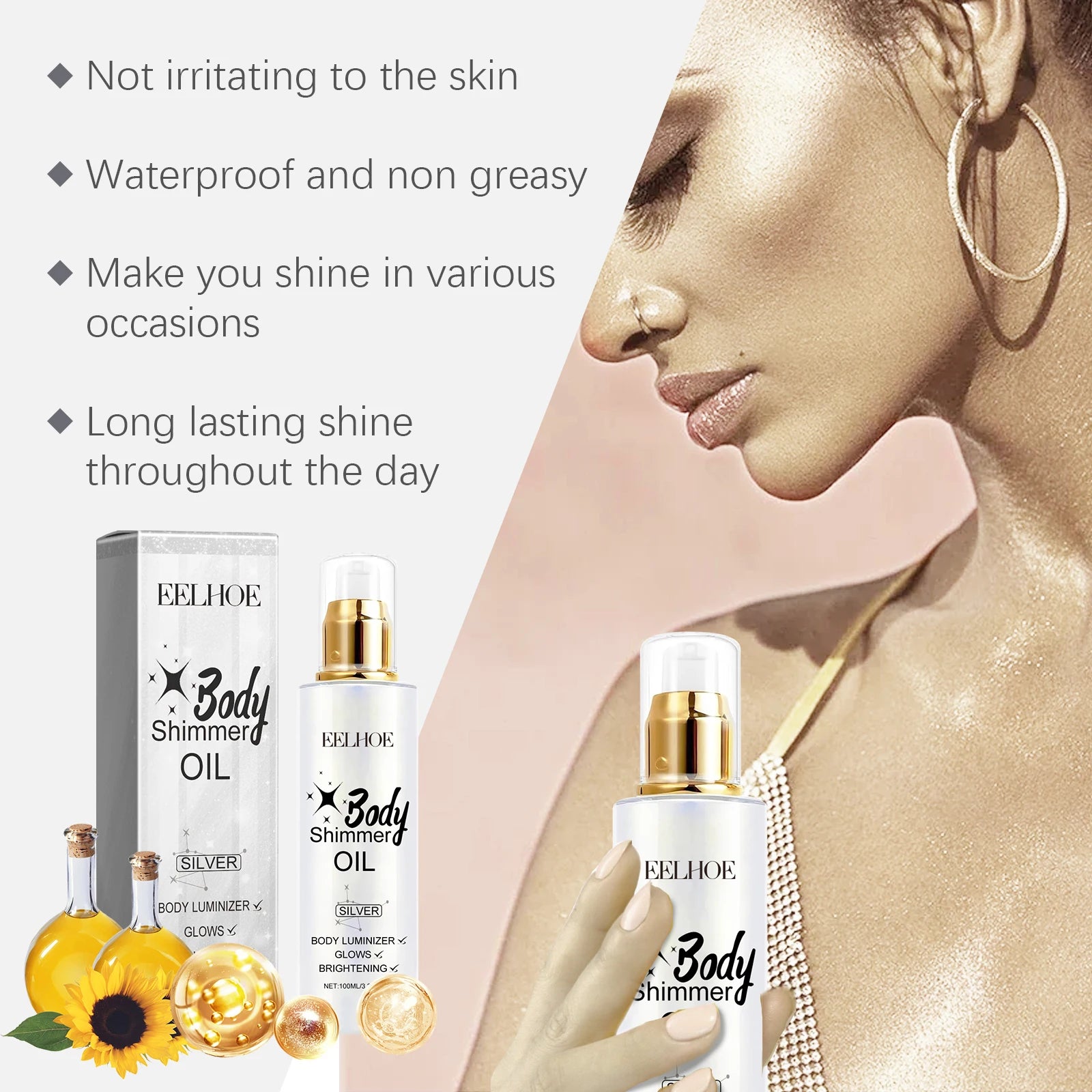 EELHOE Body Oil with Shimmer Brighten Glitter Face Contour Highlighter for Body Smooth Bronzer Liquid Illuminator Makeup 100ml Oasis Select