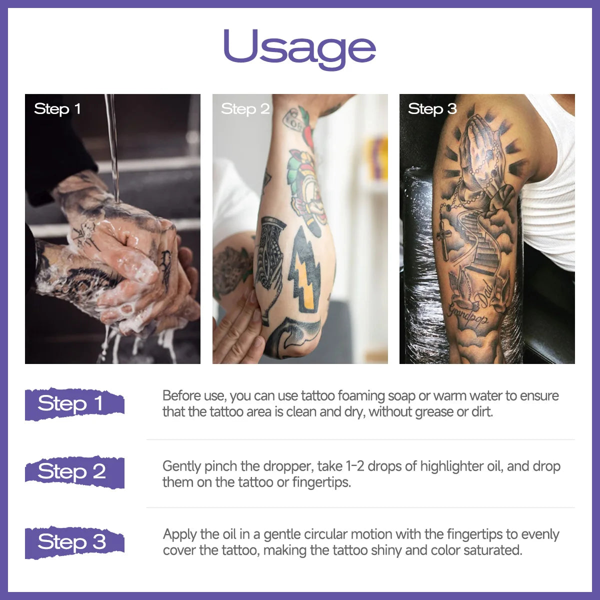 Tattoo highlighting oil, brightens skin tone, nourishes the skin, enhances radiance, and protects tattoos. Oasis Select