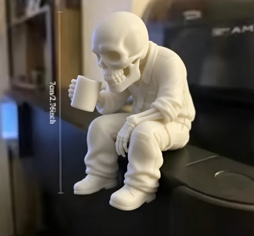 Seated Eerie Office Worker Skeleton Figurine 3D Printed Coffee Drinking Skull Desk Ornament for Humorous Home Office Decor Gifts Oasis Select Office Workers white