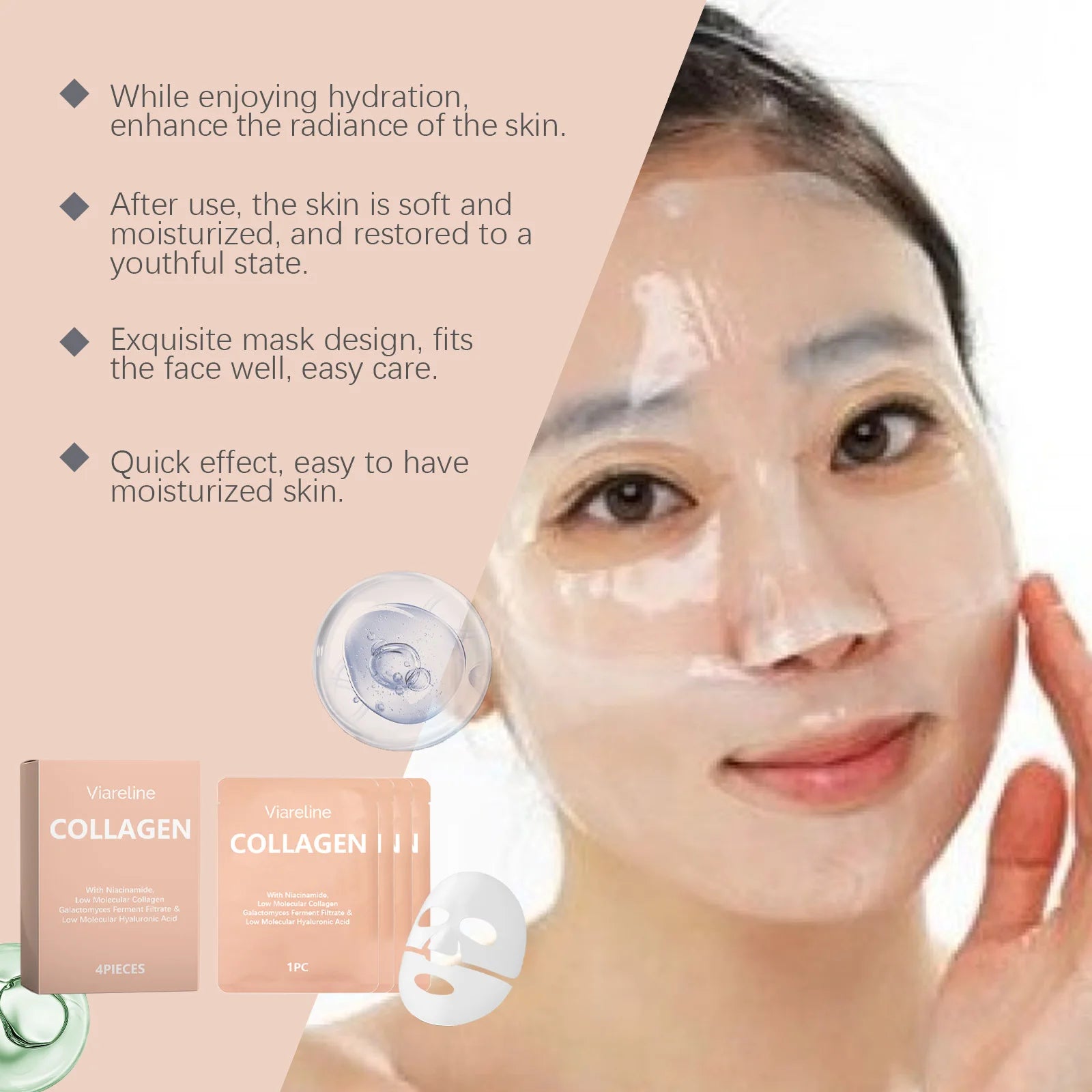 4PCS Collagen Face Mask Deep Hydrating Relief Dryness Soothing Redness Enhance Smoothness Softening Improve Elasticity Face Mask Oasis Select