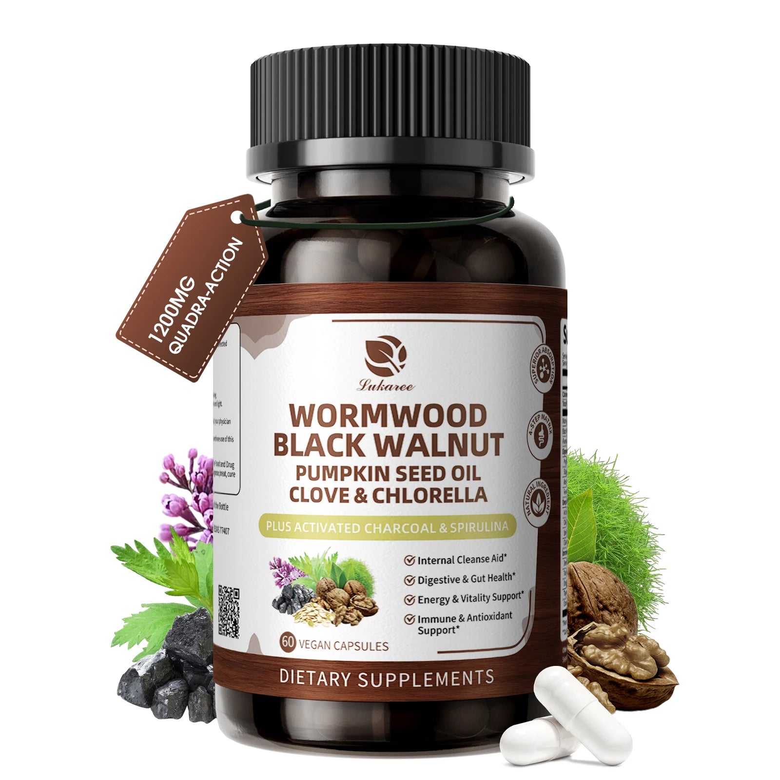 Lukaree 6-in-1 Wormwood Black Walnut Clove Capsules for Cleanse,Detox & Digestive Health with Pumpkin Seed 98% Absorption,Vegan Oasis Select