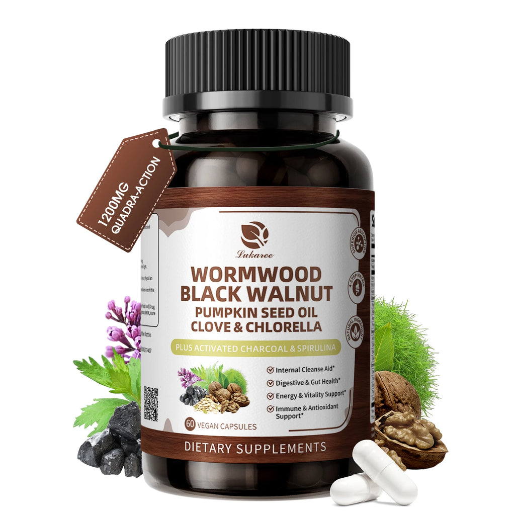 Lukaree 6-in-1 Wormwood Black Walnut Clove Capsules for Cleanse,Detox & Digestive Health with Pumpkin Seed 98% Absorption,Vegan Oasis Select