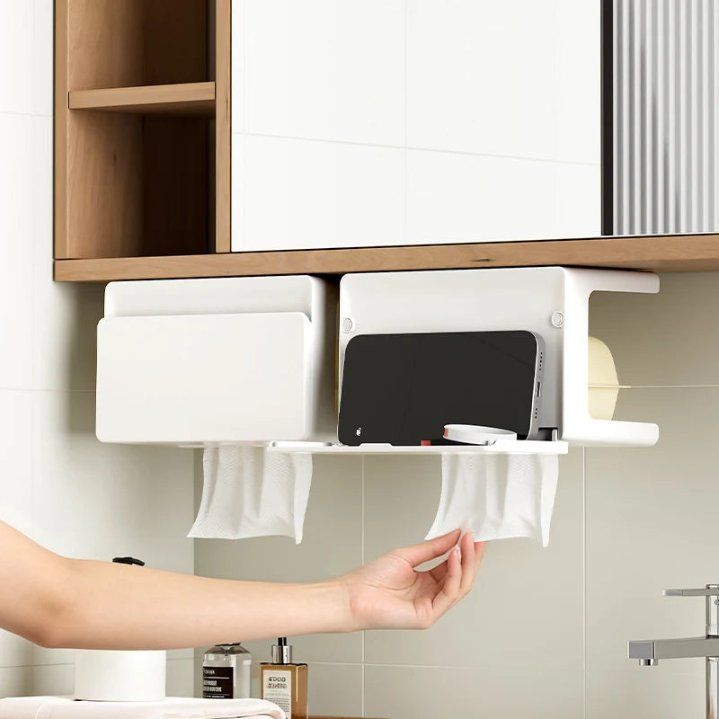 Tissue holder for under the mirror cabinet (no drilling required), hanging phone mount for the vanity, and multi-purpose storage Oasis Select