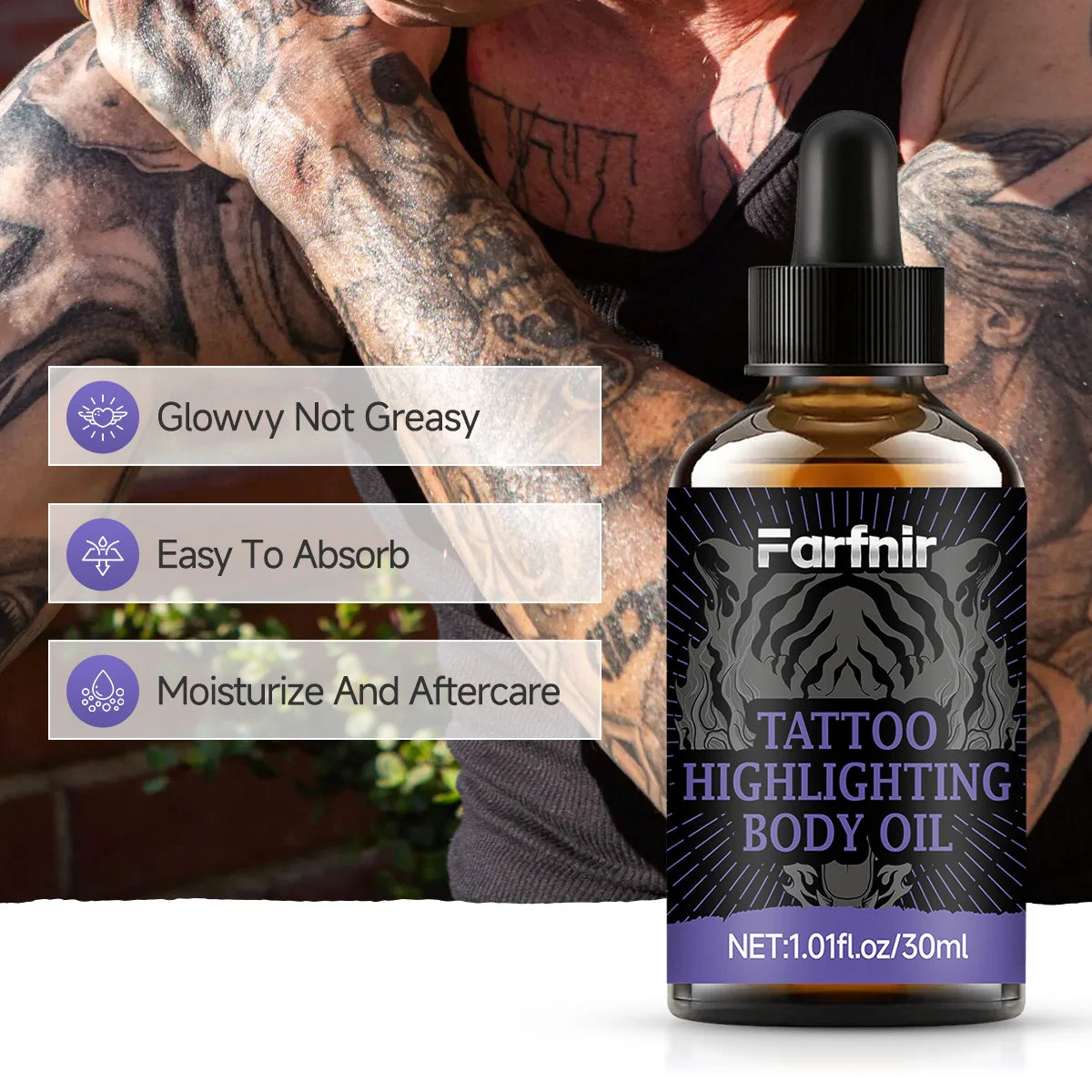 Tattoo highlighting oil, brightens skin tone, nourishes the skin, enhances radiance, and protects tattoos. Oasis Select