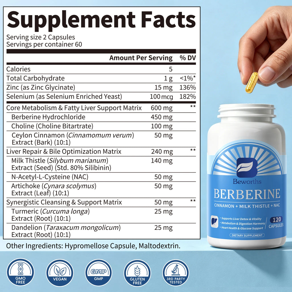 Beworths Berberine Support Liver Deep Detox Liver Repair & Bile Optimization Matrix Liver Health Support Non-GMO,Vegan Friendly Oasis Select
