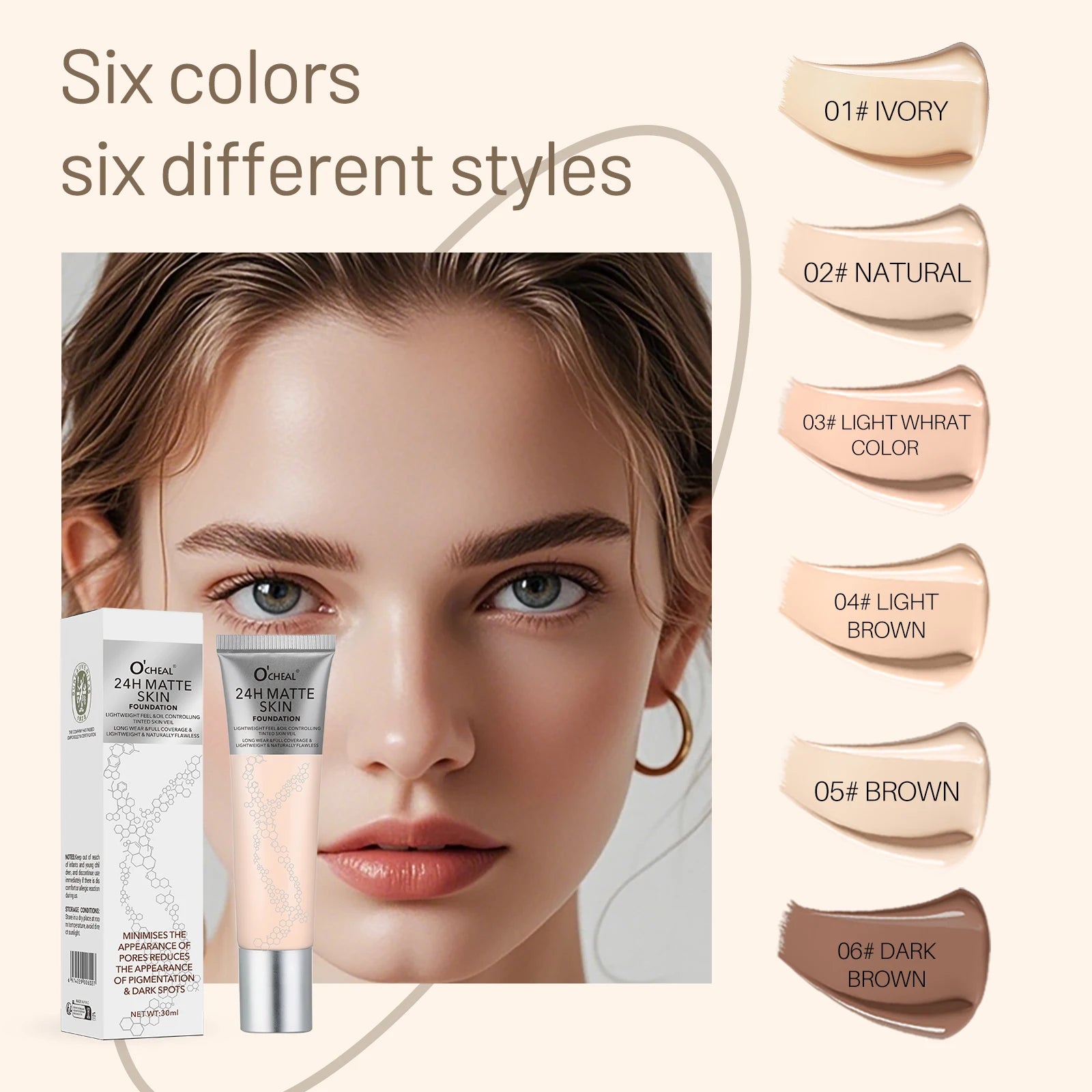 O'Cheal 6-Shade Matte Liquid Foundation & Concealer Cream 30ml