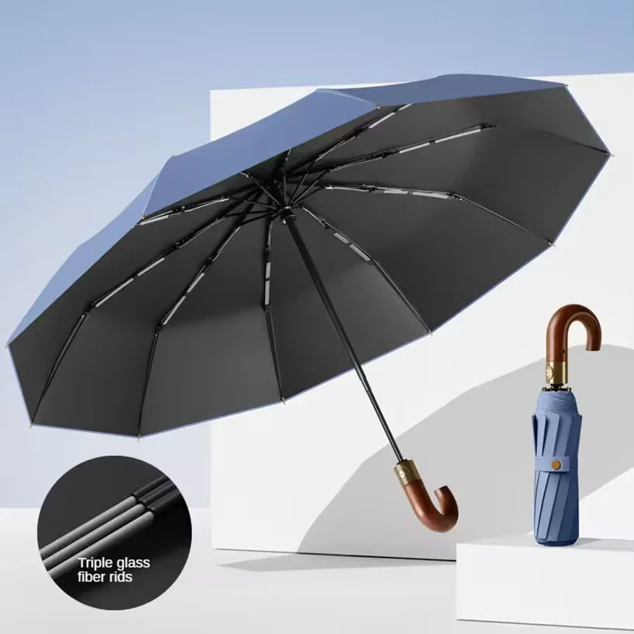Fully automatic wooden handle curved hook windproof sunscreen folding umbrella for men and women in sunny and rainy weather Oasis Select haze blue 10K full-fiber