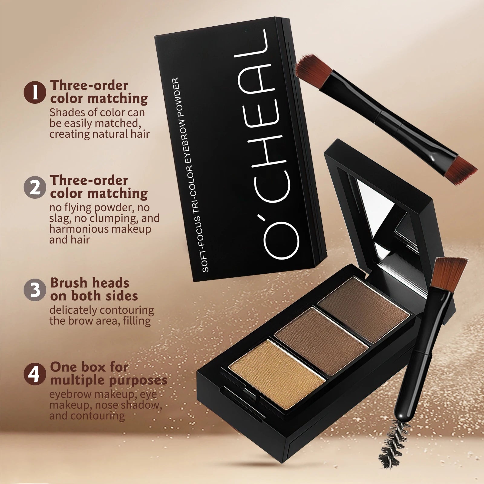 Ocheal 3Color Eyebrow Powder Black Brown Lift Eyebrow Professional Waterproof Cosmetic Eye Shadow Palette with Brush Oasis Select