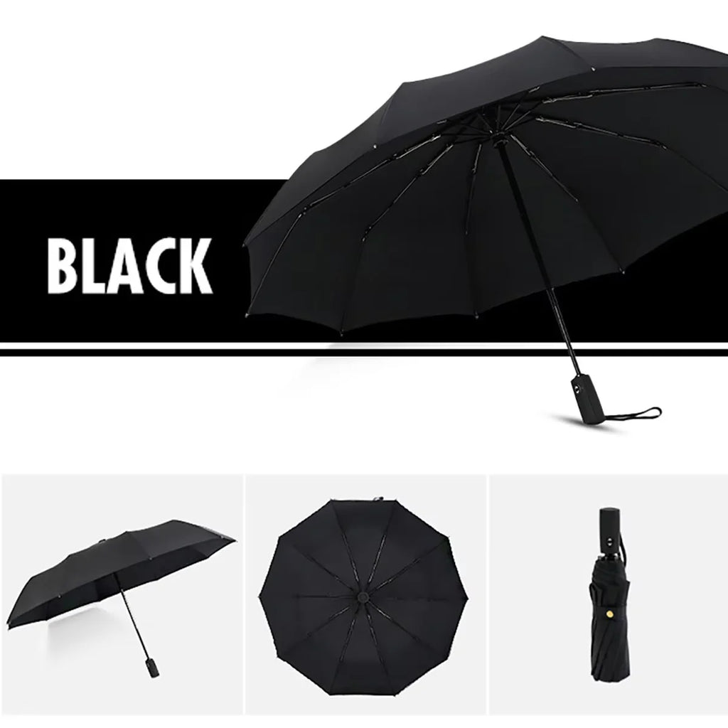 Fully automatic solid-color double-layered thickened windproof folding umbrella with 10 ribs provides sun and rain protection. Oasis Select black 10K