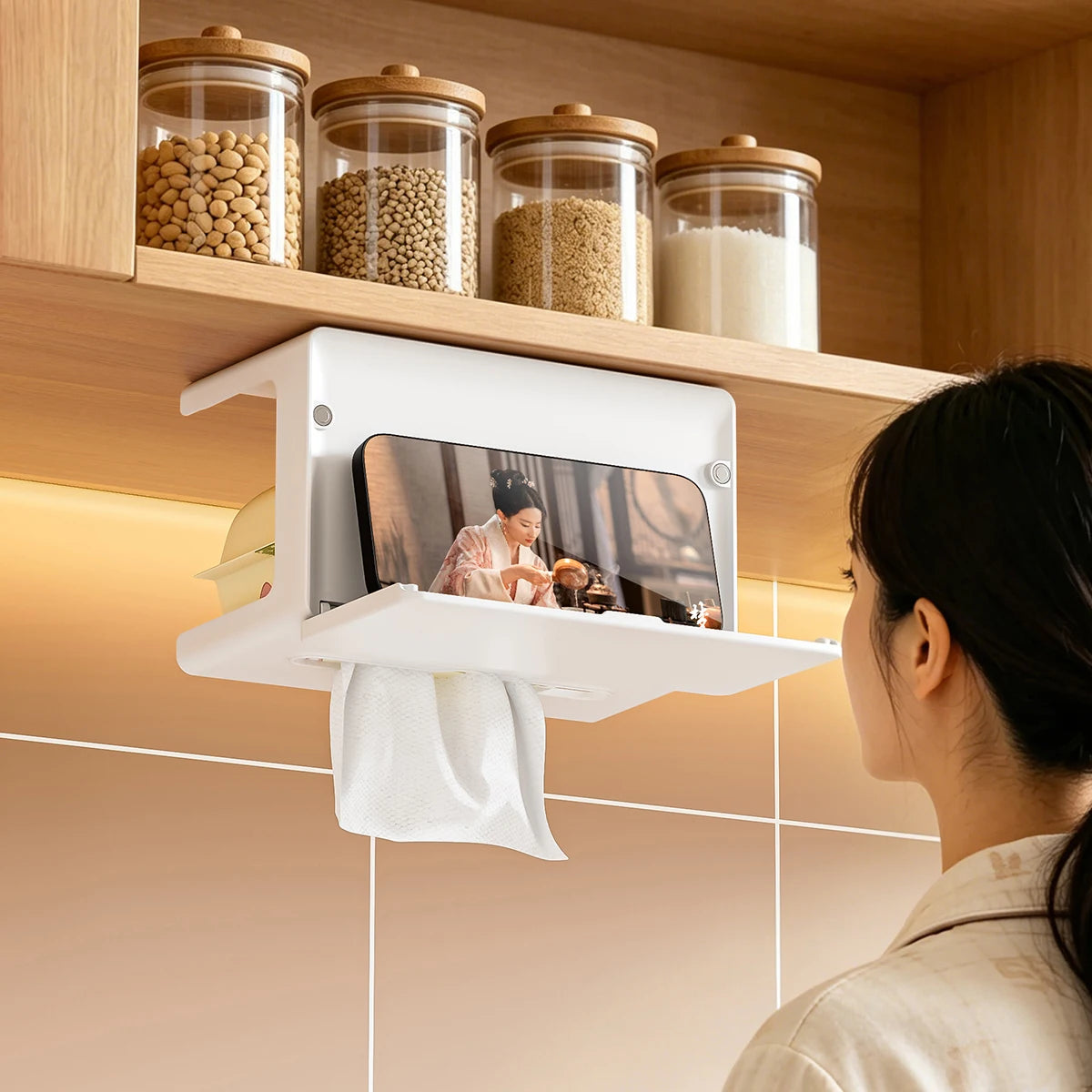 Tissue holder for under the mirror cabinet (no drilling required), hanging phone mount for the vanity, and multi-purpose storage Oasis Select