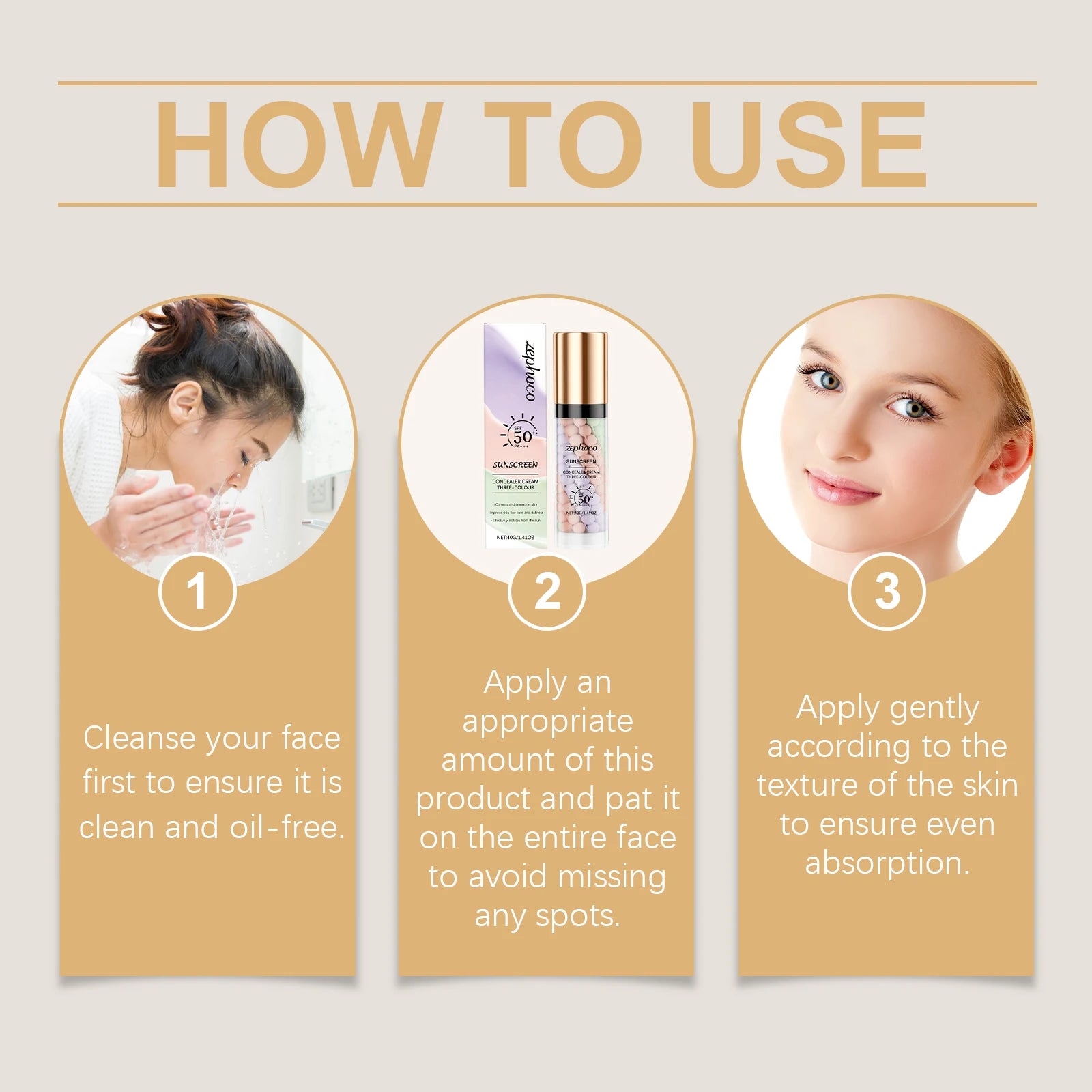 Zephoco 3 Colors Makeup Concealer Sunscreen Light Invisible Pores Moisturizing Non-greasy Breathable Light Concealer Cream Oasis Select