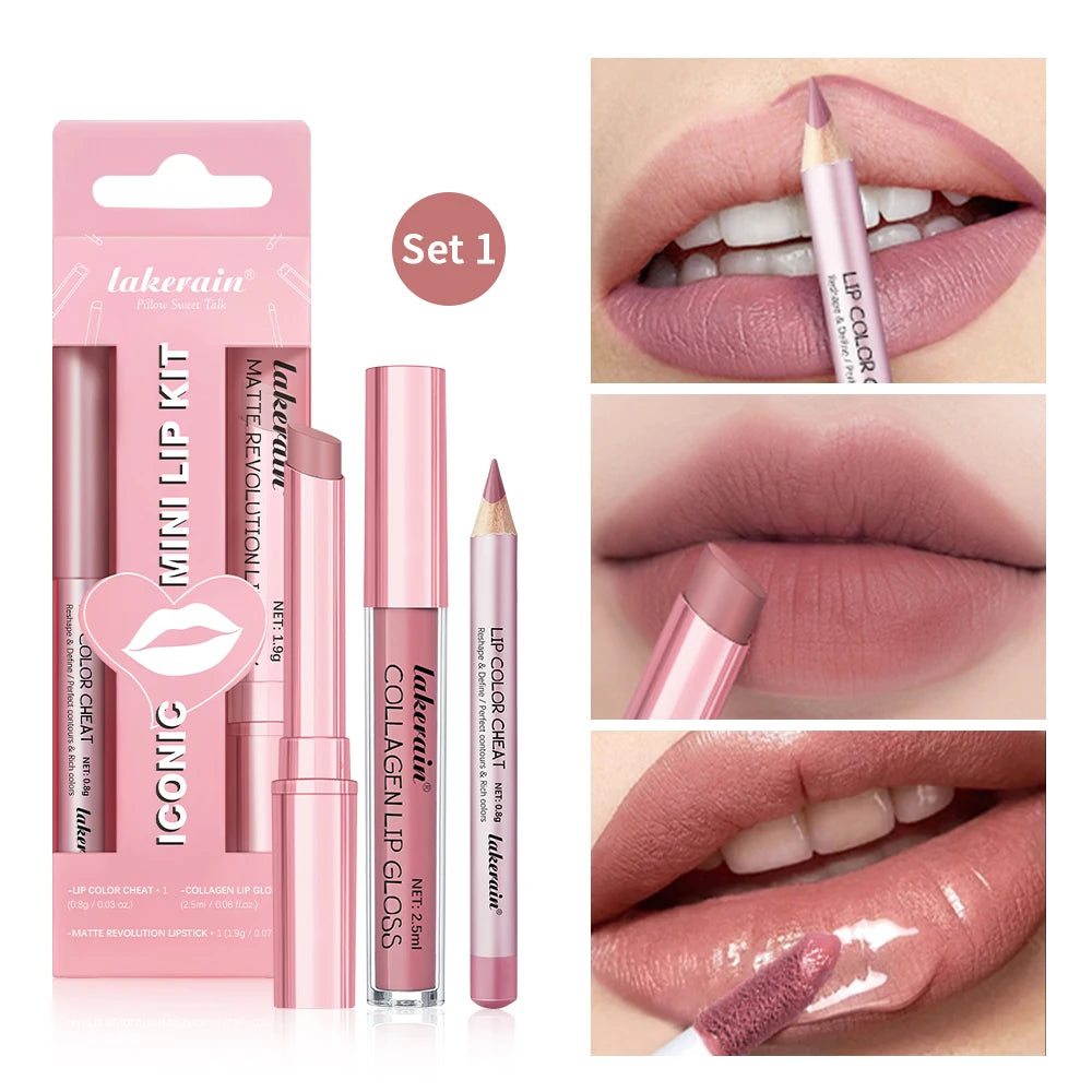 5-Color Matte Lip Kit – Liner, Lipstick & Gloss Travel Set