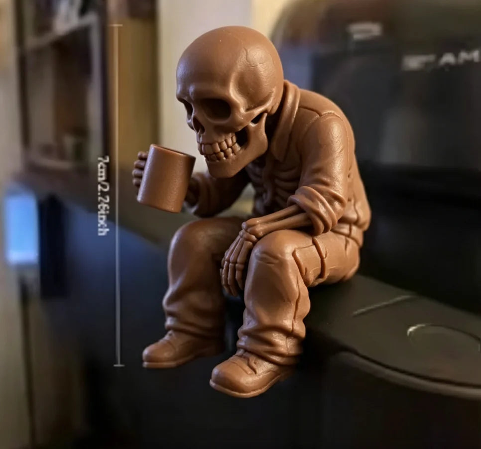 Seated Eerie Office Worker Skeleton Figurine 3D Printed Coffee Drinking Skull Desk Ornament for Humorous Home Office Decor Gifts Oasis Select Office Workers brown