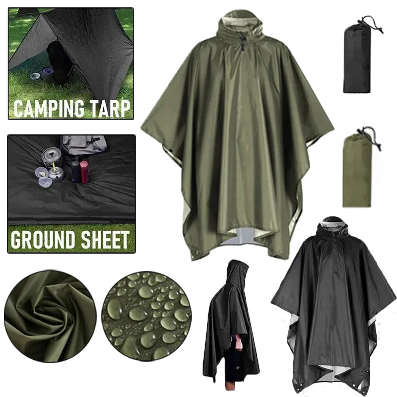 3 In 1 Outdoor Military Raincoat Hooded Sleeve Waterproof Rain Poncho Motorcycle Rain Cover Camping Hiking Travel Rainwear Tent Oasis Select